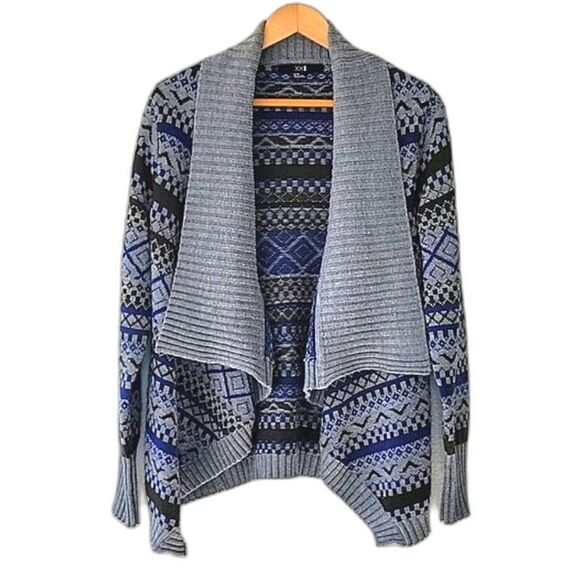 XXI FOREVER 21 Blue Brown Gray Fair Isle Knit Long Sleeved Cardigan Sweater sz M - Picture 1 of 14